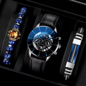 Fashion simulation three eyes men's casual business calendar belt watch men's bracelet set - Image 3