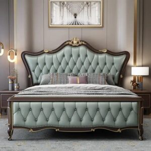 American Luxury Style Bedroom King Size Bed European Style High Quality Solid Wood Double Bed Soft Headboard Leather Bed - Image 1
