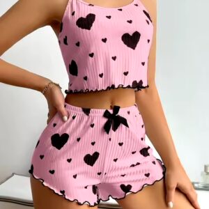 Women's Knitted Pit Stripe Print Sweet Camisole Shorts Pajamas - Image 6