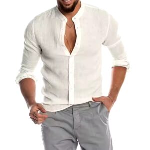 Men Cotton Linen Long Sleeve Button Solid Color Shirts Cardigan Standing Collar Men's Tops Blouse T-shirt Casual Shirt - Image 5