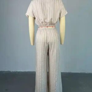 Two Piece Pants Set Strip Short Sleeve Shirt And High Waist Drawstring Wide Leg Pants Set Summer Outfits For Women - Image 6