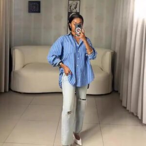 Fashion elegant spring fall blue strip blouse print loose single breasted cardigan polo collar long sleeve shirt women - Image 3