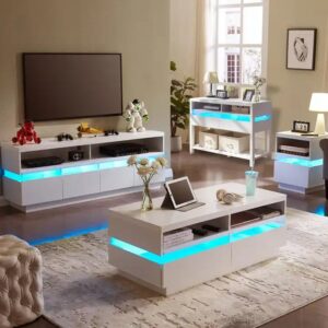 modern high glossy white coffee table with led lights contemporary rectangle design living room furniture 2 tiers - Image 3
