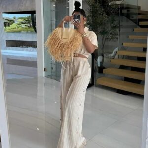 Two Piece Pants Set Strip Short Sleeve Shirt And High Waist Drawstring Wide Leg Pants Set Summer Outfits For Women - Image 3