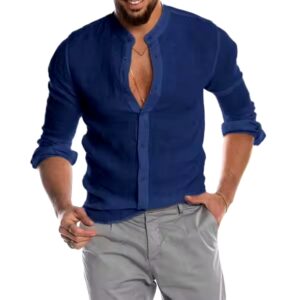 Men Cotton Linen Long Sleeve Button Solid Color Shirts Cardigan Standing Collar Men's Tops Blouse T-shirt Casual Shirt - Image 6