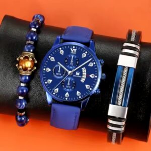 Fashion simulation three eyes men's casual business calendar belt watch men's bracelet set - Image 4