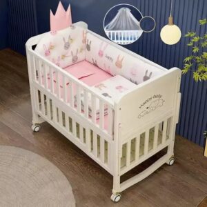 Style Multifunction Adjustable Solid Wood Baby Cot Bed Comfortable Newborn Bed with Bedding Set for Children - Image 6