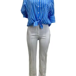 Fashion elegant spring fall blue strip blouse print loose single breasted cardigan polo collar long sleeve shirt women - Image 7