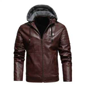 Fashionable Wholesale Brand 2024 New Products Winter Men Hooded Motorcycle PU Coat Casual Faux Leather Jackets - Image 6