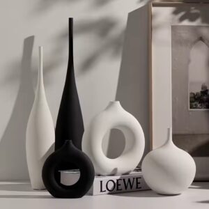 Nordic white black doughnut vase creative handmade brushed ceramic vase for home decoration living room office hotel model room - Image 5