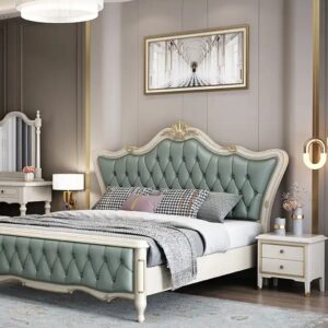 American Luxury Style Bedroom King Size Bed European Style High Quality Solid Wood Double Bed Soft Headboard Leather Bed - Image 4