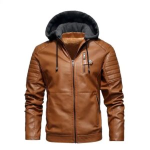 Fashionable Wholesale Brand 2024 New Products Winter Men Hooded Motorcycle PU Coat Casual Faux Leather Jackets - Image 5