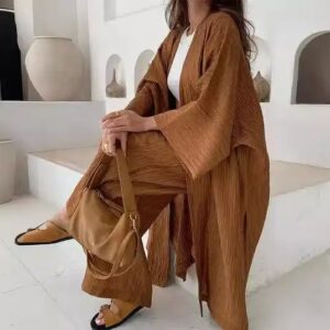 Women Pleated Texture Cardigan Top+Straight Casual Pants Two Piece Set Women Clothing - Image 6