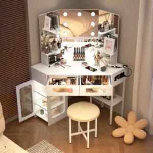 Sunrise Corner Vanity Desk Set with Tri-fold Lighted Mirror, Charging Station, Storage Shelves, Makeup Vanity Table for Bedroom - Image 5