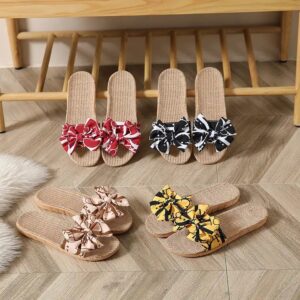 Bow Linen Slippers Couples Home Vacation Simple Linen Slippers Women's Four Seasons Sandal Slippers - Image 1