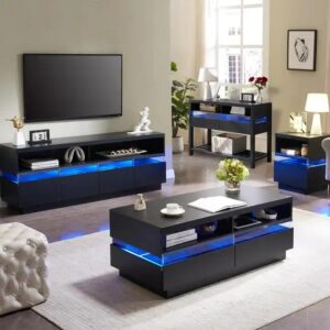 modern high glossy white coffee table with led lights contemporary rectangle design living room furniture 2 tiers - Image 5