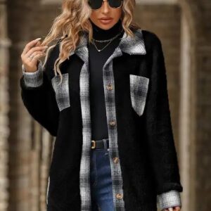 Winter Women Chic Custom Brand Plaid Thick Warm Outwear Long Sleeve Plaid Fleece Casual Fur Trench Coats Wholesale - Image 4