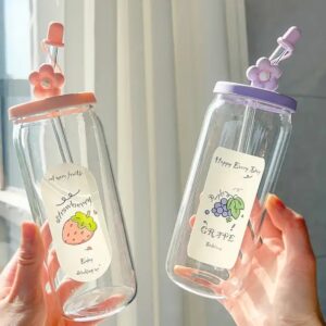 Straw glass cup with lid large capacity drinkware water portable coffee cup heat-resistant gift juice water glass cup - Image 5