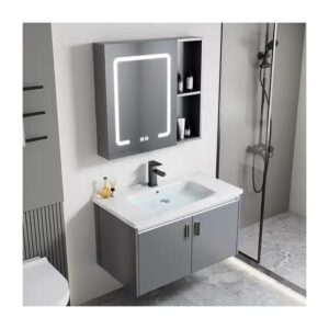 China Space Aluminum Wholesale Contemporary Grey Bathroom Floor Cabinet Double Doors Storage Cupboard - Image 3