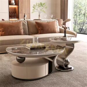 Living room furniture round centre coffee table grey silver nesting modern coffee table set coffee tables with drawer - Image 5