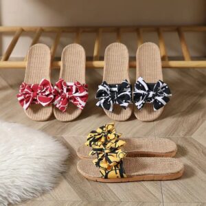 Bow Linen Slippers Couples Home Vacation Simple Linen Slippers Women's Four Seasons Sandal Slippers - Image 4
