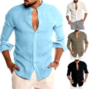 Men Cotton Linen Long Sleeve Button Solid Color Shirts Cardigan Standing Collar Men's Tops Blouse T-shirt Casual Shirt - Image 4