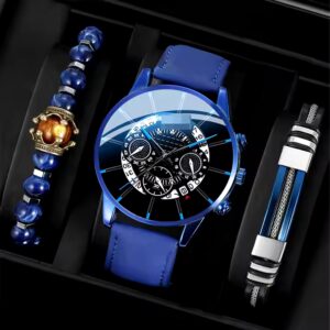 Fashion simulation three eyes men's casual business calendar belt watch men's bracelet set - Image 1