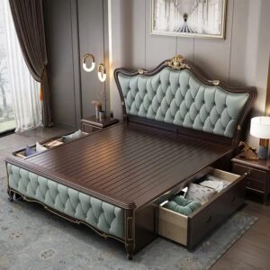 American Luxury Style Bedroom King Size Bed European Style High Quality Solid Wood Double Bed Soft Headboard Leather Bed - Image 5