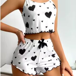 Women's Knitted Pit Stripe Print Sweet Camisole Shorts Pajamas - Image 3