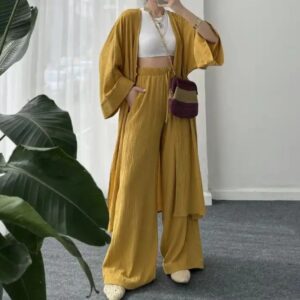 Women Pleated Texture Cardigan Top+Straight Casual Pants Two Piece Set Women Clothing - Image 5