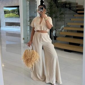 Two Piece Pants Set Strip Short Sleeve Shirt And High Waist Drawstring Wide Leg Pants Set Summer Outfits For Women - Image 4