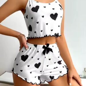 Women's Knitted Pit Stripe Print Sweet Camisole Shorts Pajamas - Image 7
