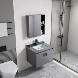 China Space Aluminum Wholesale Contemporary Grey Bathroom Floor Cabinet Double Doors Storage Cupboard - Image 6