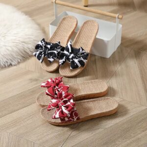 Bow Linen Slippers Couples Home Vacation Simple Linen Slippers Women's Four Seasons Sandal Slippers - Image 6