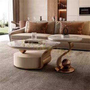 Living room furniture round centre coffee table grey silver nesting modern coffee table set coffee tables with drawer - Image 8