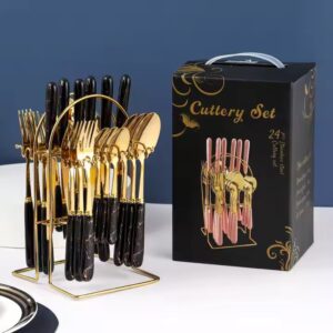 Gift Box 24-PCS Ceramic Handle Knife Fork and Spoon Nordic Style Western-Style Tableware Golden Cutlery Flatware Sets - Image 4