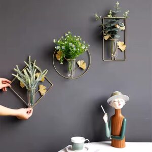 Wall Mounted Hanging Flower Vases Home Decor Hydroponic Planters Geometric Nordic Glass Containers with Gold Metal Frames - Image 1