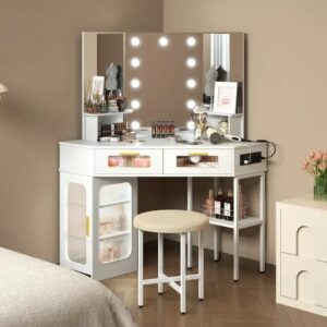 Sunrise Corner Vanity Desk Set with Tri-fold Lighted Mirror, Charging Station, Storage Shelves, Makeup Vanity Table for Bedroom - Image 7