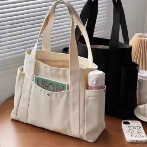 Eco-Friendly Canvas Official Bag For Office Lady Woman Canvas Tote Bag With Side Pocket - Image 1