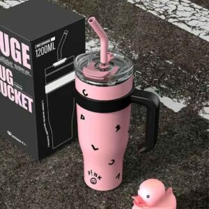 Fashion Black Pink Stainless Steel Thermos Cup Insulated Large Coffee Cup Straw Mug 40oz Tumbler with Handle for Car Travel - Image 4