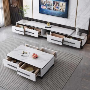 Furniture Modern Luxury TV Unit Table Top Rock Slab Marble TV Cabinet Coffee Table Set Combination Retractable Center Table - Image 4