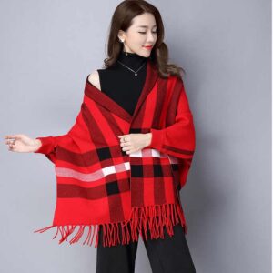 Popular girl's knit wraps shawls with sleeves classic plaid cloak winter warm pashmina wraps women poncho - Image 4