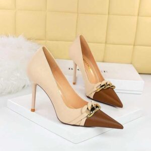 Autumn New Girl's Shoes Stiletto Thin Heels Color Matching Pointed Toe Metal Chain Decoration Women Pumps - Image 4