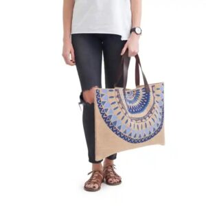 new style eco friendly custom print hemp handbag jute beach bag with leather handles - Image 6