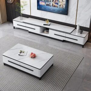 Furniture Modern Luxury TV Unit Table Top Rock Slab Marble TV Cabinet Coffee Table Set Combination Retractable Center Table - Image 5