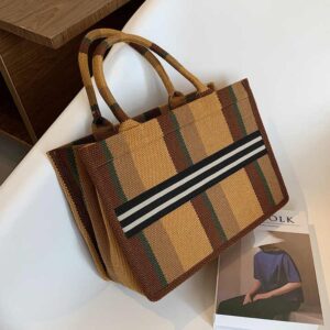Tote Lattice embroidery canvas Shopping Handbag Large Capacity Canvas Vegan Portable Shoulder Bag - Image 5