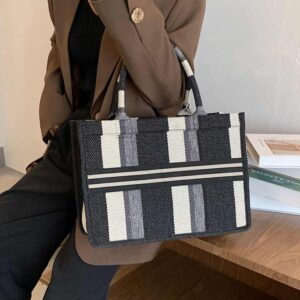 Tote Lattice embroidery canvas Shopping Handbag Large Capacity Canvas Vegan Portable Shoulder Bag - Image 4
