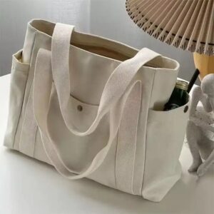 Eco-Friendly Canvas Official Bag For Office Lady Woman Canvas Tote Bag With Side Pocket - Image 3