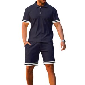 Solid Color men's Polo shirt lapel short-sleeved shorts sports casual summer men two piece set - Image 3