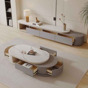 Light Luxury Cream Style Retractable Slate Coffee Table TV Unit Cabinet Modern Simple Center Table TV Stand Combination Set - Image 4